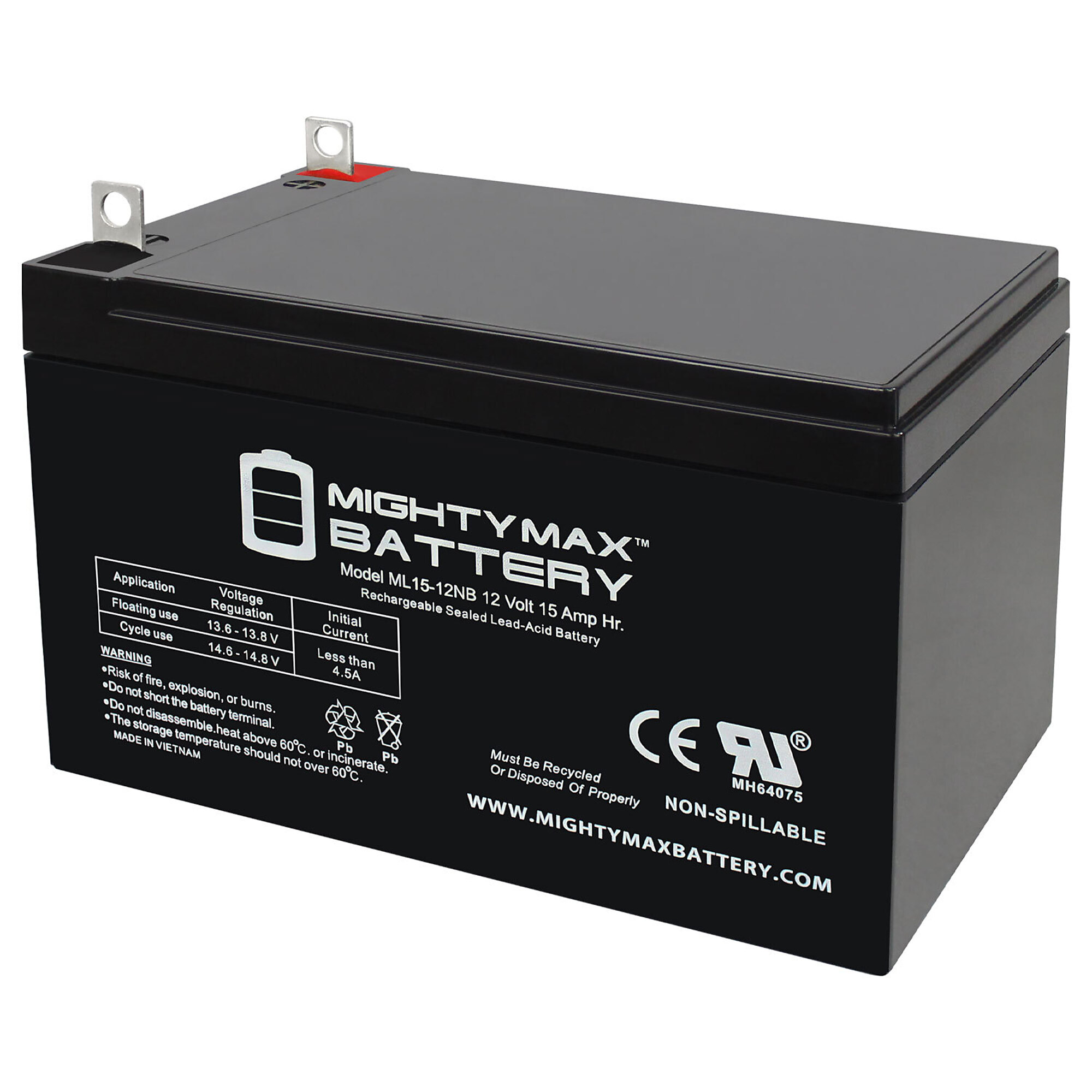 Mighty Max Battery — 12 Volt, 15Ah, NB Terminal, Rechargeable SLA AGM, Model# MAX4039906